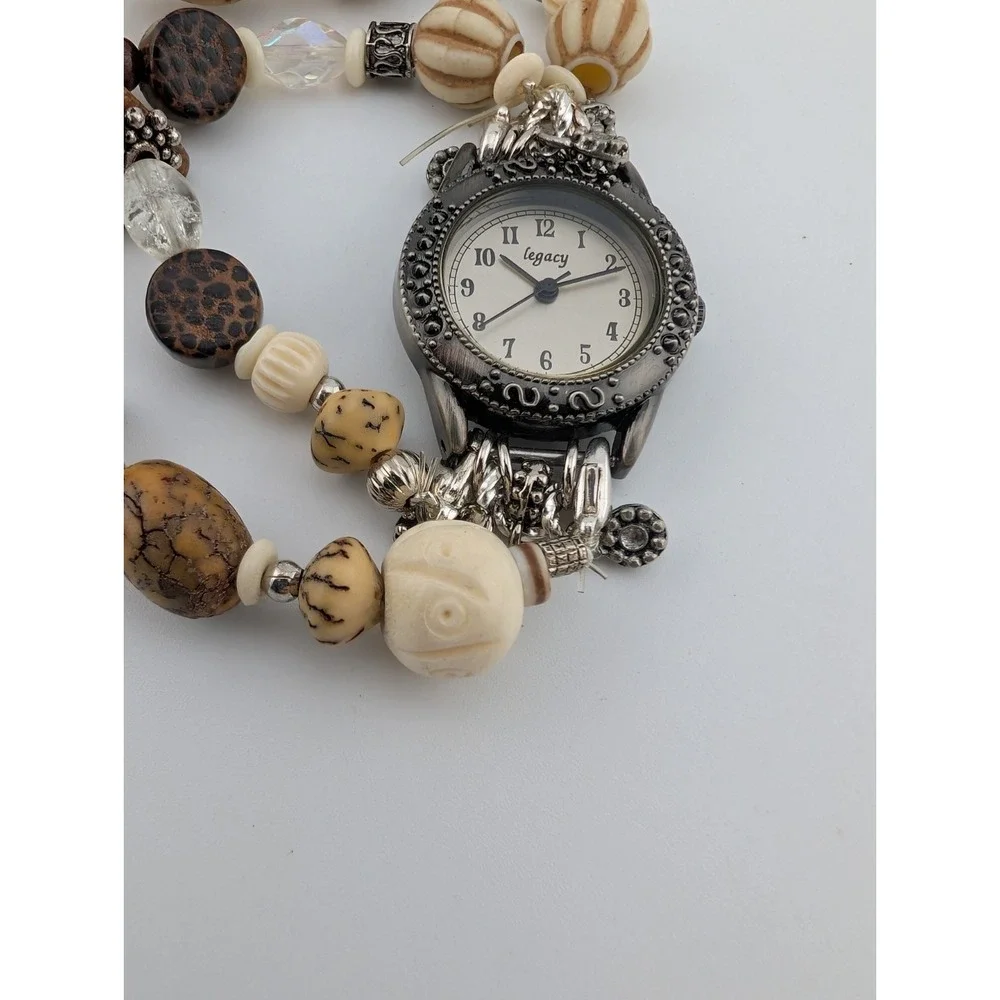 Legacy Watch Women‎ 25mm Silver Case Boho Brown Beaded Band- New Battery